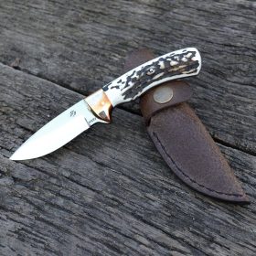   Vadászkés Farkas Bertalan MINI - 16 cm teljes hossz modell 11 bőr tokkal agancs nyéllel